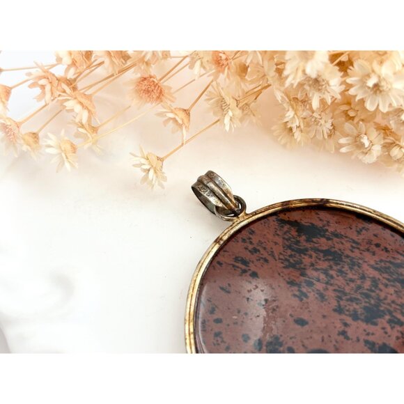 Mahogany Obsidian Oval Crystal Shaped Large Silver Toned Vintage Pendant - Picture 5 of 12